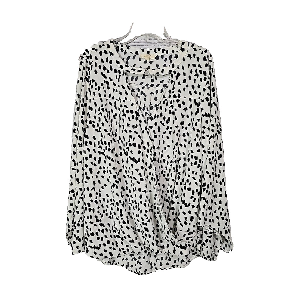 Oddi White Dalmatian Print V-Neck Bell Sleeve Casual‎ Wrap Top Womans Size 3XL
